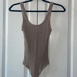 Brown and white stripe Reformation body suit
